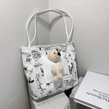 

Designer Large Canvas Handbags Women Print Graffiti Totes Brand Luxury Cute Bear Casual Big Letter Shoulder Bags Shopping Bags