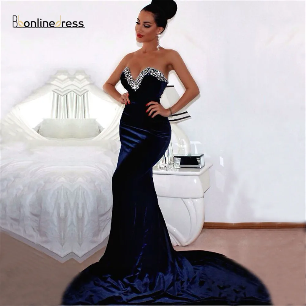 

Vestido de festa Navy Blue Prom Dress Crystal Beaded Mermaid Prom Dresses Long Formal Party Gown Robe-de-soiree