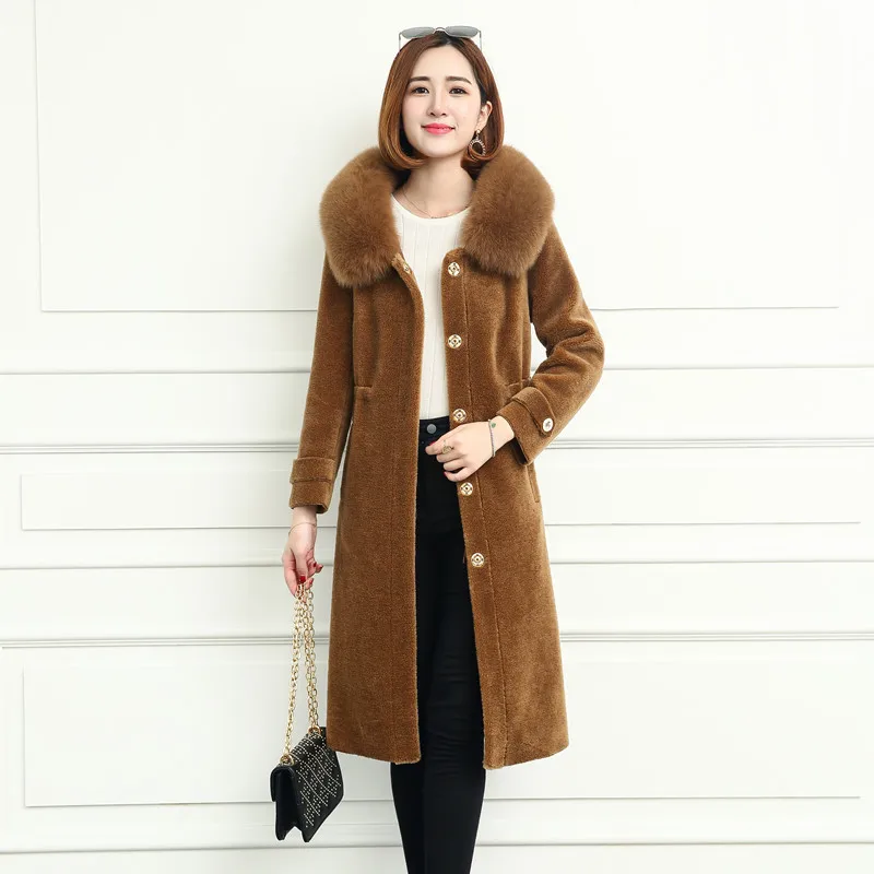 Длинное пальто с капюшоном из натурального Лисьего меха, Женское зимнее пальто из натурального стриженого овечьего меха, Новое Чистое пальто для холодной погоды, tsr715 - Цвет: Brown