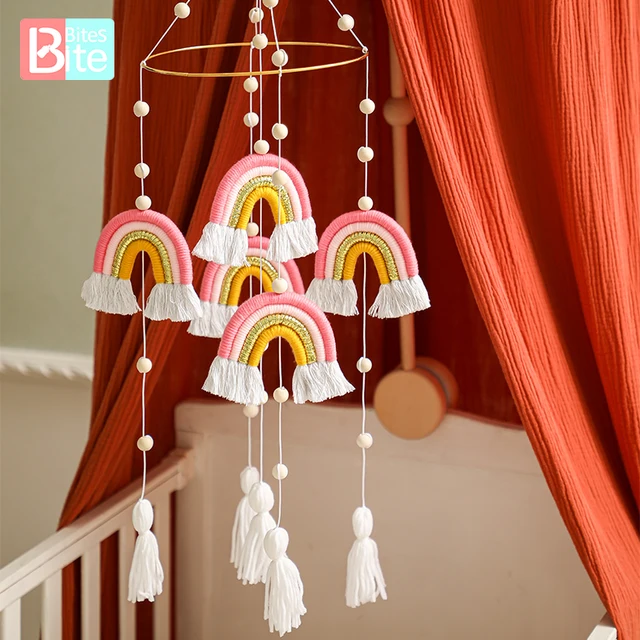 Bite Bites Baby Wooden Mobiles Bed Bell Toy Rattles Crib Bracket For Newborn Infants Rainbow Room Bed Hanging Decor Accessories 2
