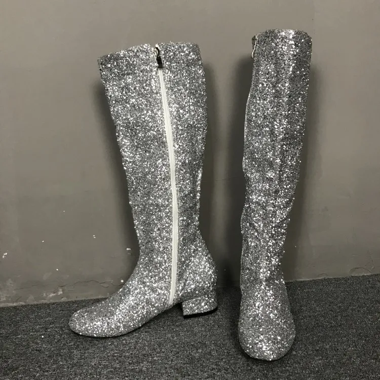 Olomm New Fashion Women Knee High Glitter Boots Square Low Heels Boots Round Toe Silver Club Wear Shoes Women Plus US Size 5-15 - Цвет: D1891 Silver