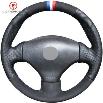 

LQTENLEO Black Genuine Leather Suede DIY Car Steering Wheel Cover For Peugeot 206 1998-2005 206 SW 2003-2005 206 CC 2004 2005