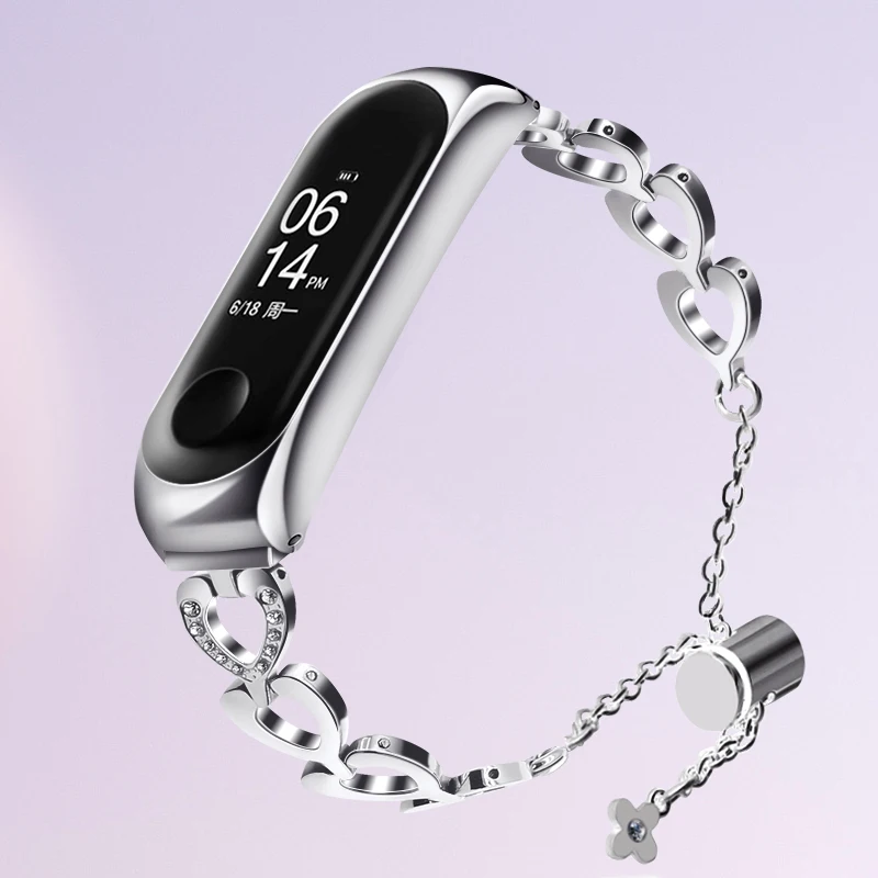 

For Xiaomi Mi Band 6 5 4 3 Strap For Xiaomi Mi Band Bracelet Fashion Heart Shape diamond Metal Stainless Steel Wristband