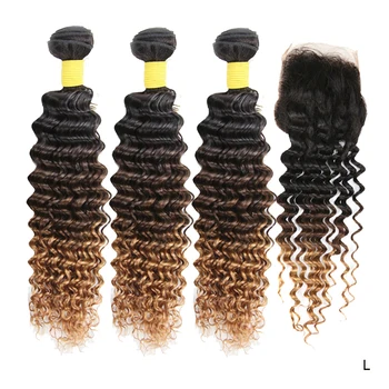 

Ombre 100% Real Human Hair Remy Deep Wave Bundles with Closure Weave T1B 4 30 Bundles with Closure Hair Extensions Peruvian Hair