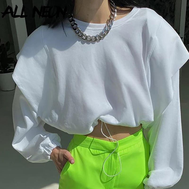 

ALLNeon E-Girl Vintage 90s Oversized Patchwork Drawstring Crop Tops Casual Loosed Solid Crewneck Long Sleeve Sweatshirts Autumn