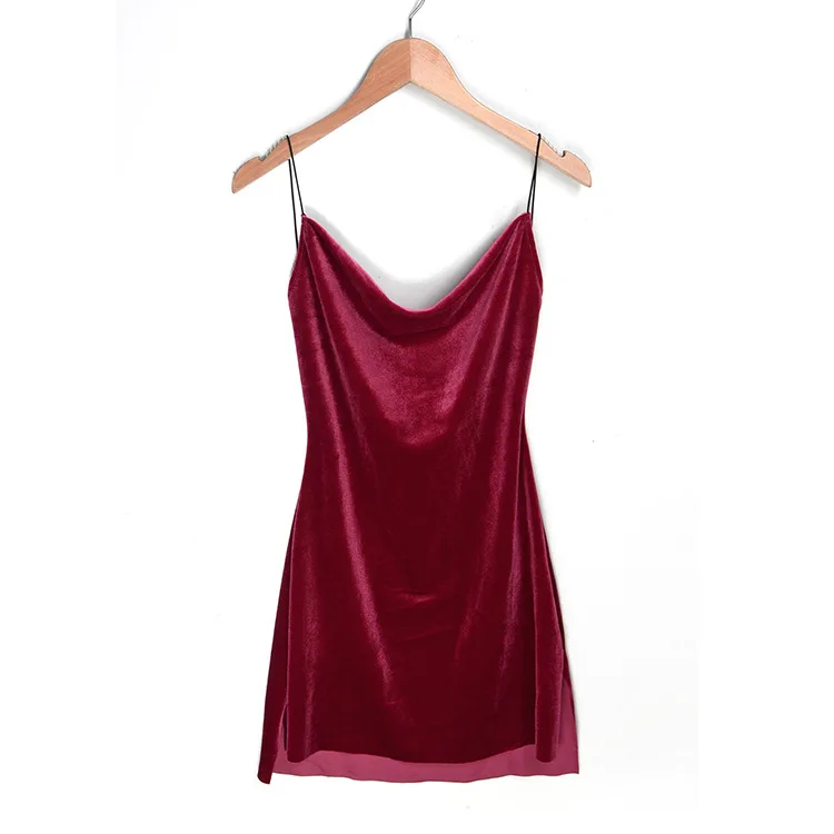 Wine Red Сексуальное мини-платье на бретельках с открытой спиной и разрезом, облегающие бархатные ночные рубашки, женское спальное платье, новинка, осень и зима - Цвет: Wine Red