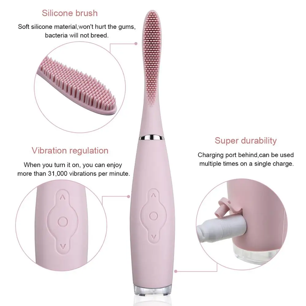 USB Rechargeable 5 Modes Ultrasonic Silicone Electric Toothbrush Oral Care Dental Teeth Whitening Deep Clean Sonic Massage Brush