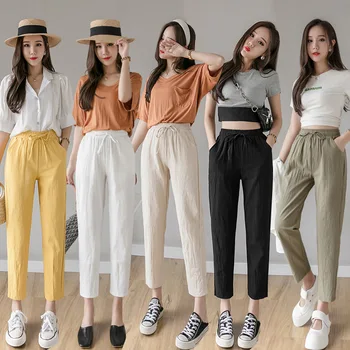 

Summer Pants Woman Plus Size Korean Style Casual Trousers High Waist Breathable Straight Bottoms For Womens Drawstring Feminine