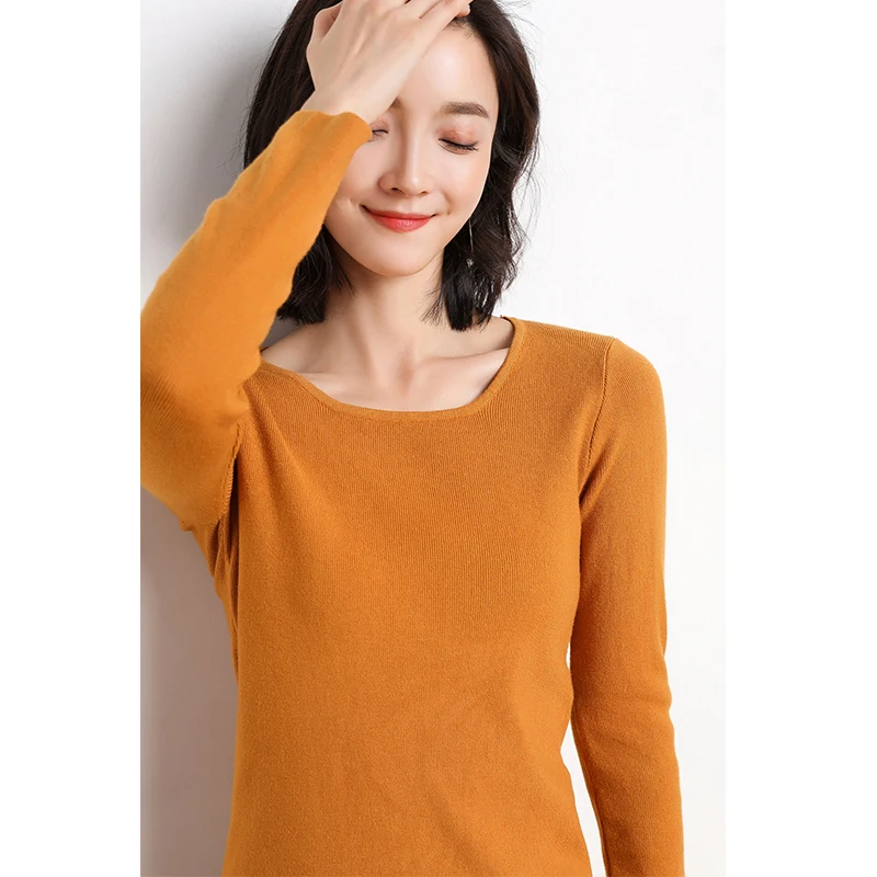 2020 new women's pullover square collar sweater spring and autumn basic slim cashmere wool blend soft solid fashion | Женская одежда