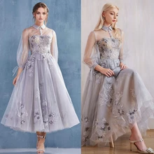 Robe de dos en Tulle pour filles, élégante, col haut, manches longues, application, ligne a, thé, longue, douce, robe de bal, de remise des diplômes 