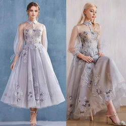 Elegant Girl High Neck Long Sleeve Applique Tulle Back To School Dress A-line Tea Long Sweet Ladies Prom Party Graduation Gown