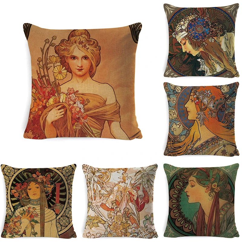 Vintage European Cushion Cover Art Nouveau Mucha Gallery Throw Pillow Home Decorative Beautiful Girl Pattern Square Pillowcase | Дом и сад