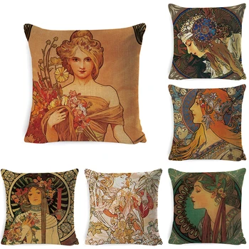 

Vintage European Cushion Cover Art Nouveau Mucha Gallery Throw Pillow Home Decorative Beautiful Girl Pattern Square Pillowcase