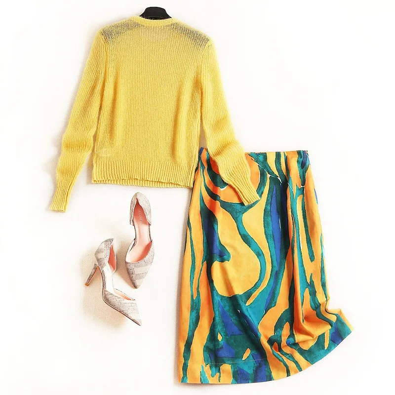 Women winter sweater mohair knitted pullovers+ goemtric print penscil skirt suit office elegant two piece set yellow