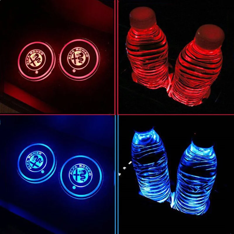 

2X Led Car Logo Cup Lights Colorful Atmosphere Light Luminous Water Coaster For Alfa Romeo Giulietta Spider Mito 147 156 159 166