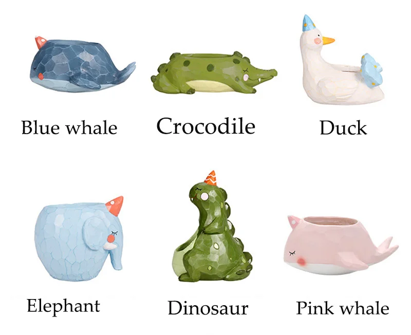 

Cartoon Animal Shape Cactus Succulents Polyresin Vase Mini Whale Crocodile Elephant Flower Pots Bonsai Office Decorative Planter