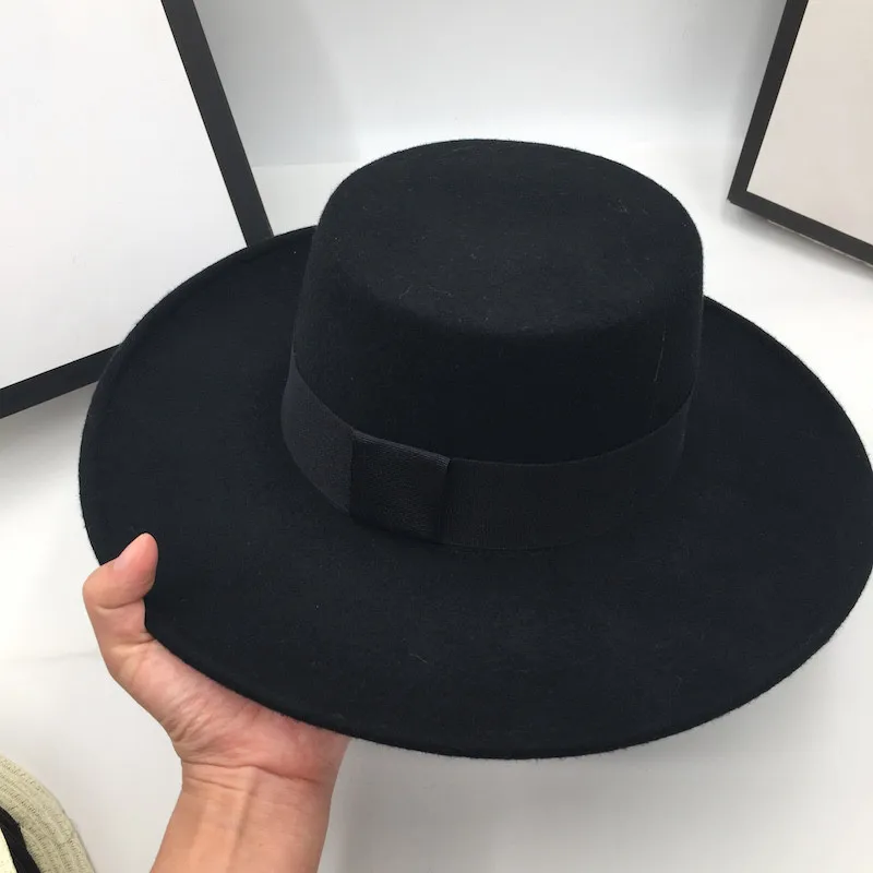 Черная шерстяная шляпа с плоским верхом, женская шляпа, большая шляпа в стиле ретро, джазовая шляпа, фетровые шляпы