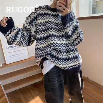 

RUGOD V-neck Sweater Elegant Jumper Wave Stripe Pullover Winter Tops For Women Korean Style Fall 2019 Plus Size Kpop Clothes