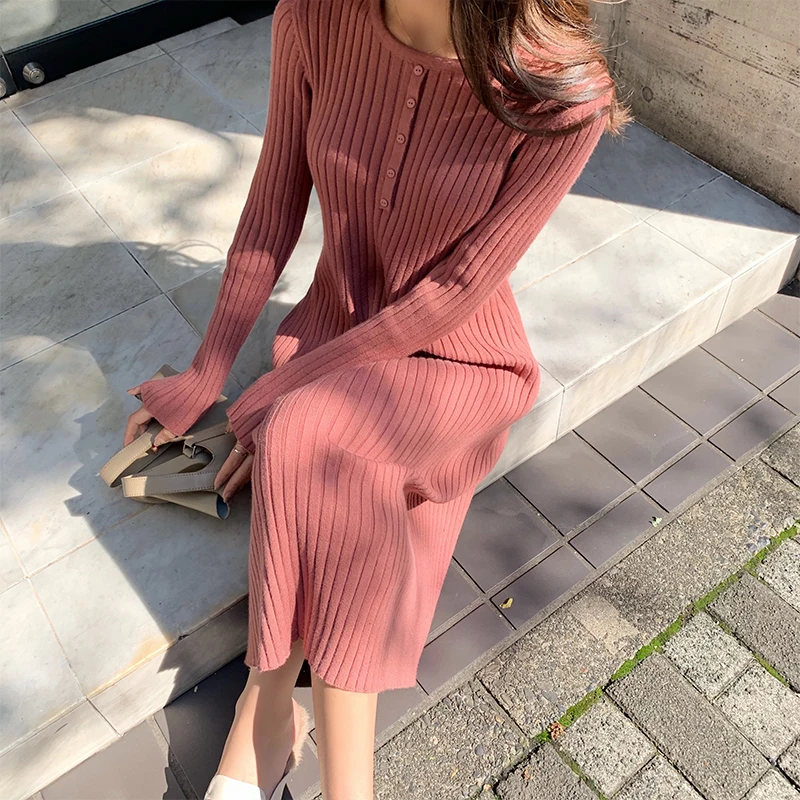 

Autumn Women Sweater Dress Winter Basic Maxi Solid Female Jumper O-neck Slim Knit Bodycon Thick Dress Vestidos vs368