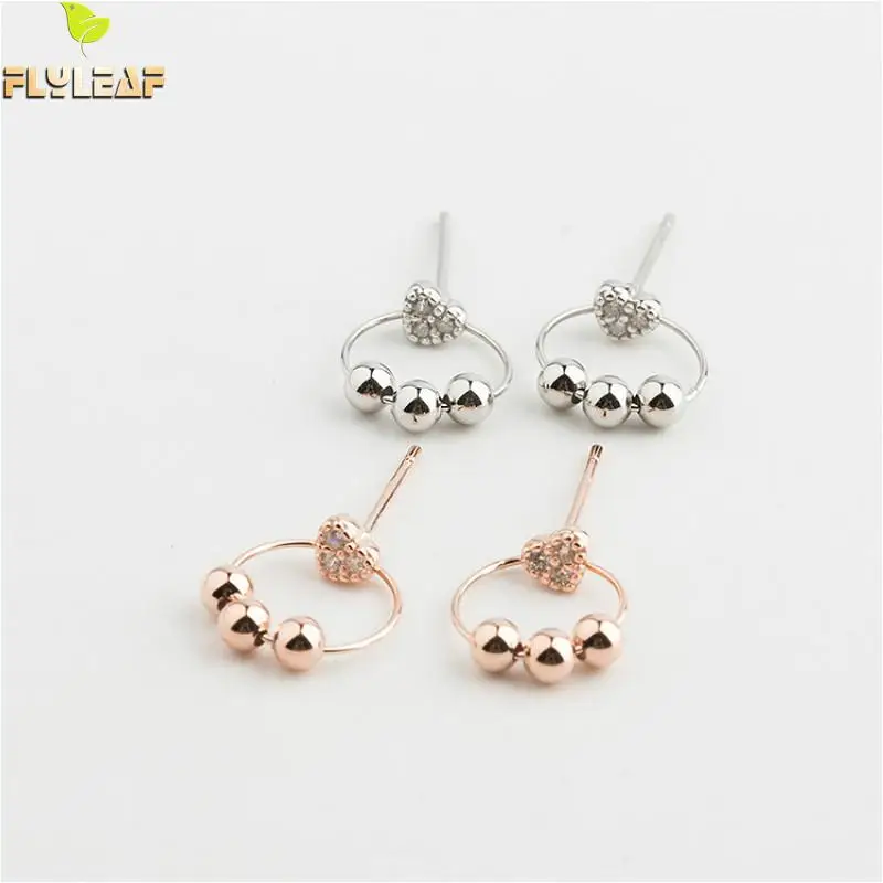

Flyleaf 925 Sterling Silver Rose Gold Zircon Round Bead Heart Stud Earrings For Women Cute Girl Student Gift Fine Jewelry