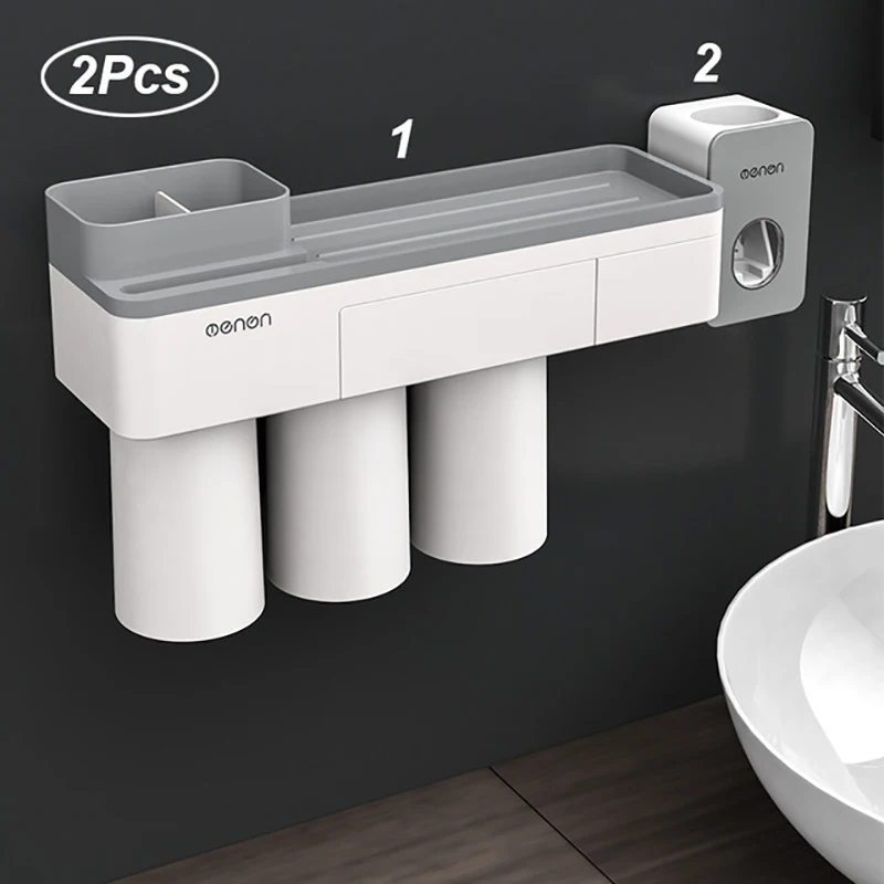 Gray 3 cup set GESEW держатель для зубных щеток сильная Адсорбция Магнитная чашка Водонепроницаемый Пробивка зубная щетка домашняя рама набор аксессуаров для ванной комнаты - Цвет: Gray 3 cup set