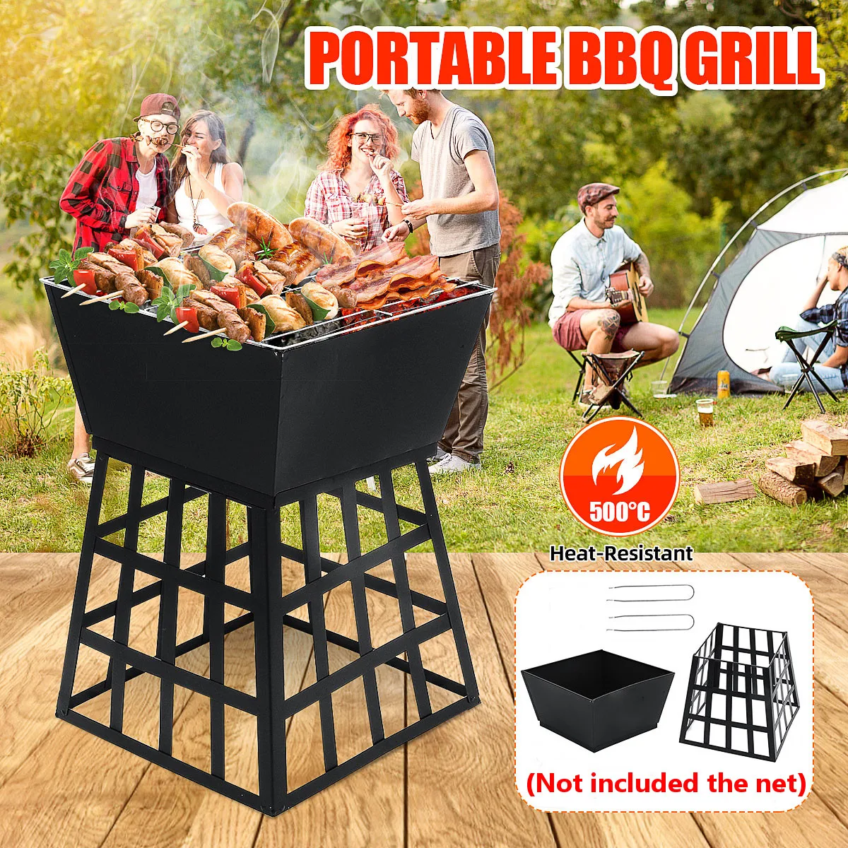 

Outdoor Garden Metal Charcoal Fire Pit 500°C Camping Fishing BBQ Burner Bowl Multifunction Removable Stove Barbecue Grill Stand
