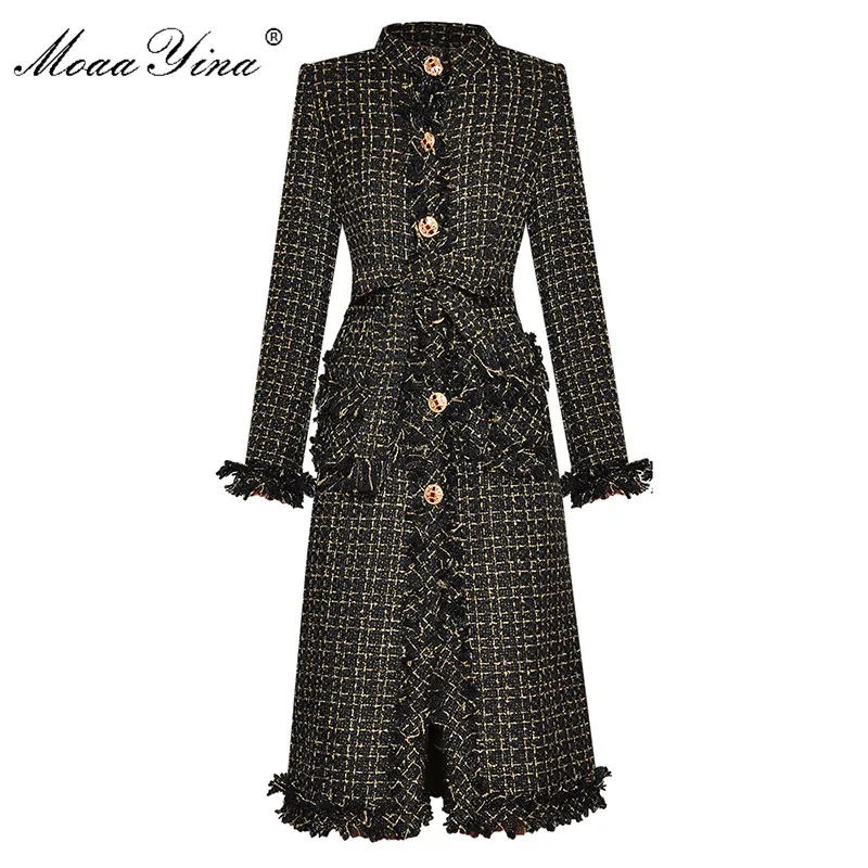 

MoaaYina Fashion Designer Woolen cloth Windbreaker Overcoat Autumn Women Single-breasted Long sleeve Plaid Overcoat