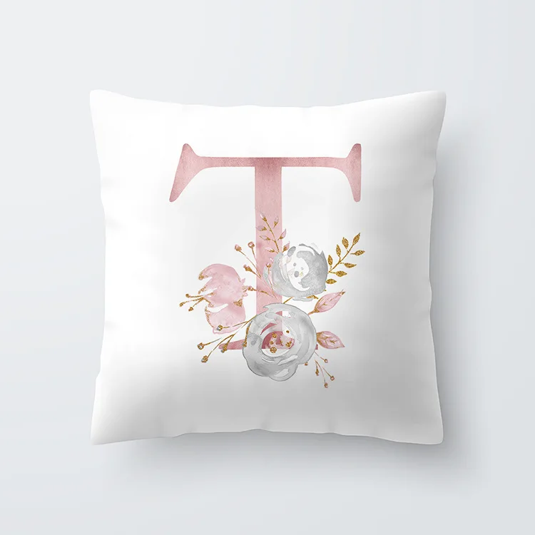 Pink Letter Decorative Floral Pillow Gold Alphabet Cushion for Sofa Polyester Pillowcase Decoration Salon