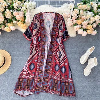 

Women Vintage Cardigan Summer Loose Half Sleeve Long Coats 2020 Summer Ladies Chiffon Shirt Coat Print Thin Outwear