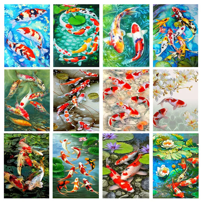 5D DIY Diamond Painting Full Round Fish Art Kit Embroidery Mosaic Animal Koi And Lotus Leaves Decorations Home | Дом и сад