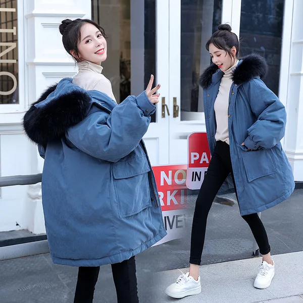

2018 Autumn And Winter yu fu Women's Mid-length Peach Skin Online Celebrity Cotton Coat Loose-Fit Large Fur Collar down Coat Fas