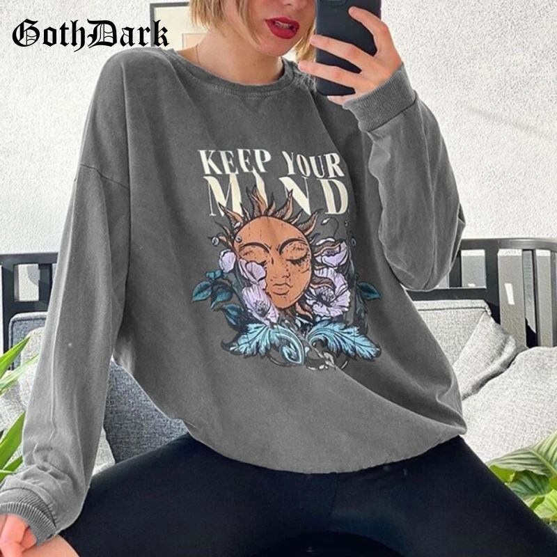 

Goth Dark Graphic Printed Gothic Oversize Sweatshirts Aesthetic Grey Long Sleeve Crewneck Women Pullovers Casual Streetwear Tops