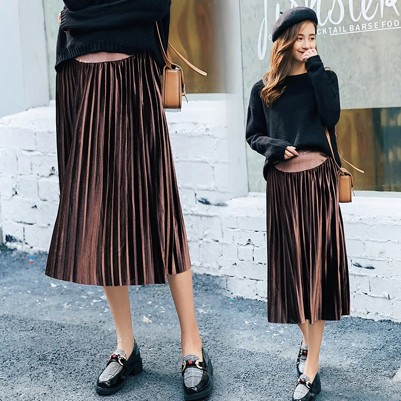 

2018 Autumn New Style Gold Velvet Maternity Dress Mid-length Abdominal Support Skirt Fashion Mom Pleated A- line Skirt