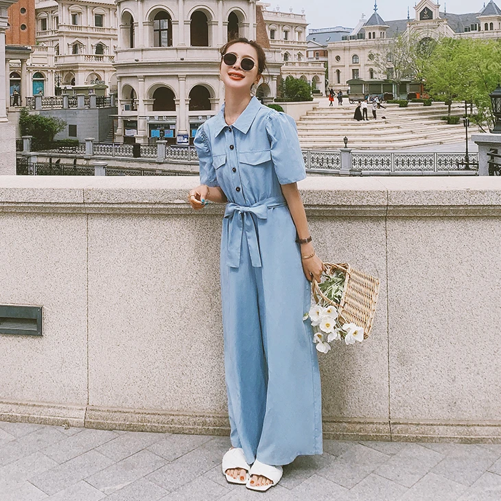 Summer Short Sleeve Shirt Style Jumpsuit Women Bandage Romper Female Korean Purple/blue Loose One Piece Wide Leg Pants Overalls