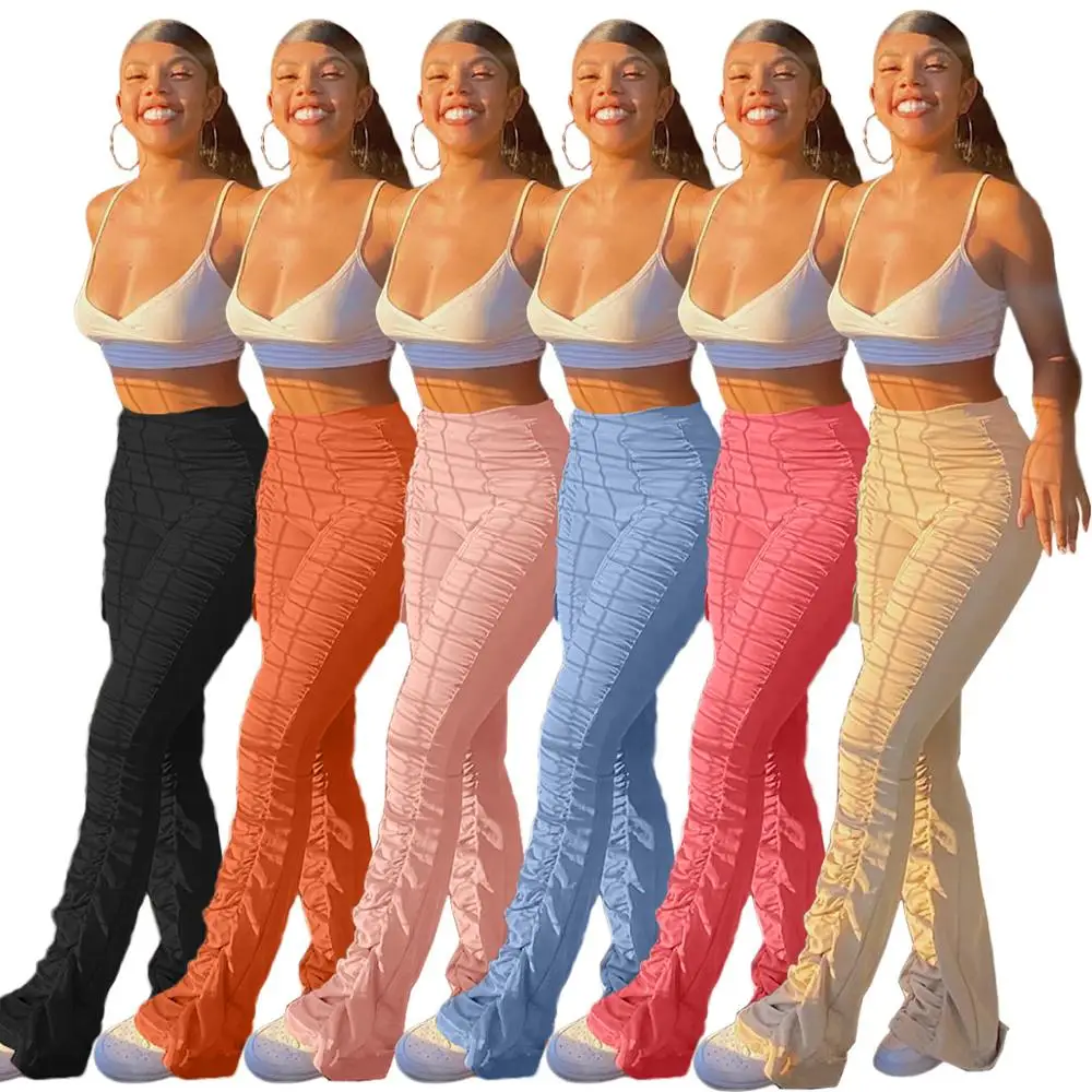 

2020 Winter New Women Solid Color Stacked Flare Sweatpants Casual Stretchy Jogger Pants Sexy High Rise Flare Ruched Trousers