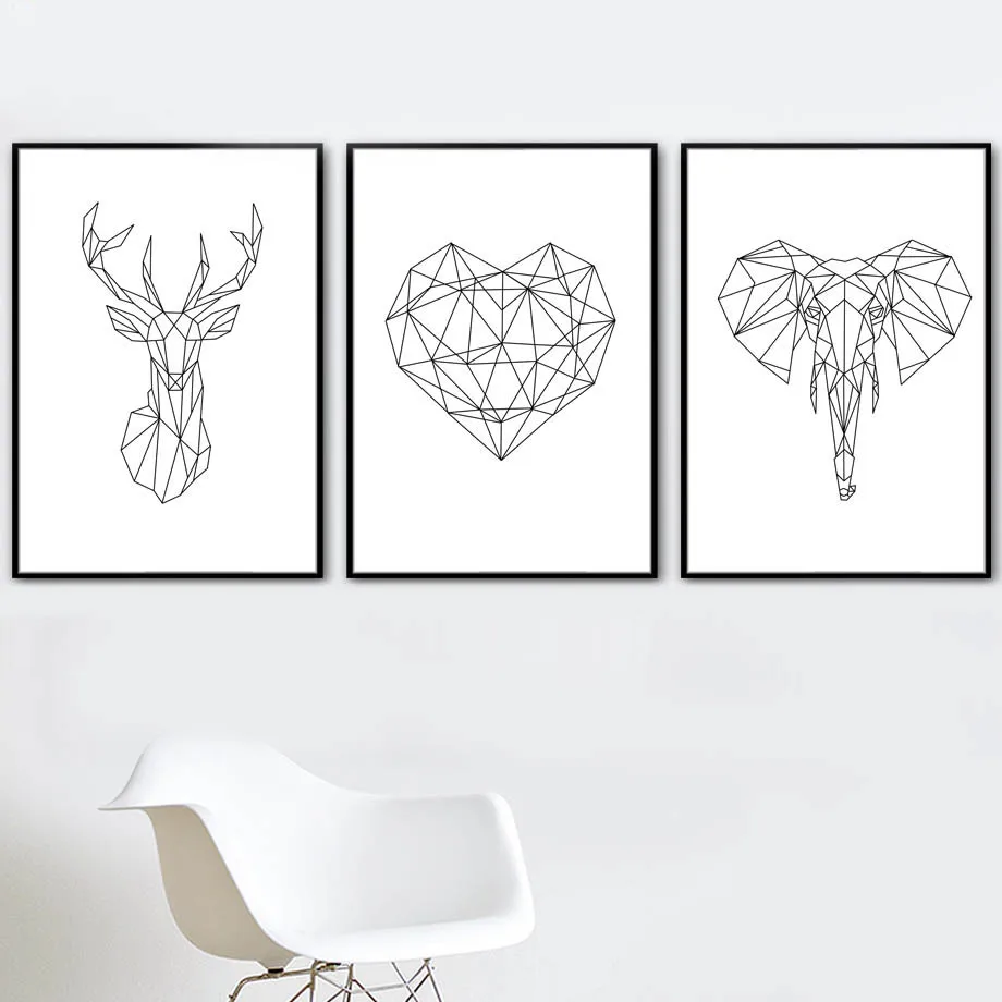 

Wall art canvas painting geometry deer elephant heart nordic poster and print black and white white living room decorative paint