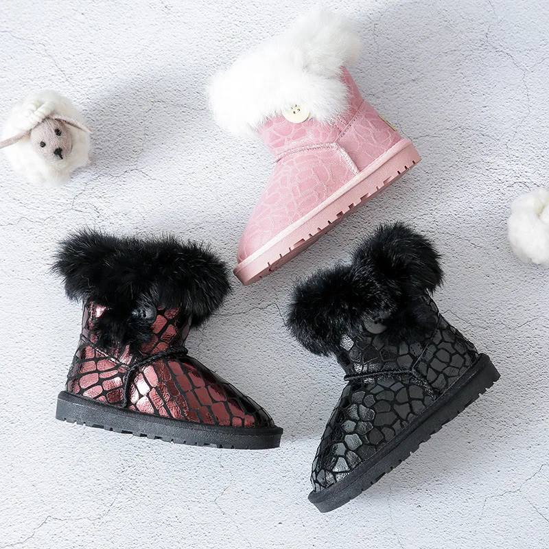 

Scsech Winter Kids Boots Rabbit Fur Cowhide Stone Pattern Shoes Baby Girls Thicken Warm Shoes Toddler Outdoor Snow Boots SCM29