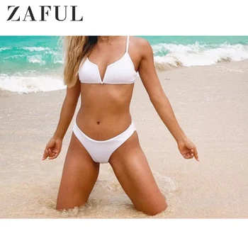 

ZAFUL Bikini 2019 High Cut V-wired Ribbed Bikini Swimsuit Plunging Neck Wire Free Solid Swimwear Women Push Up Bathing Suit