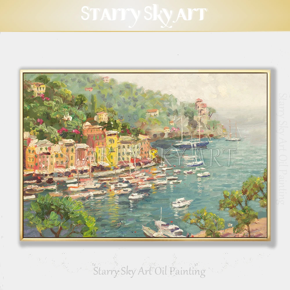Beauty Wall Art Hand-painted Impressionist City Landscape Oil Painting on Canvas and Boats for Living Room | Дом и сад