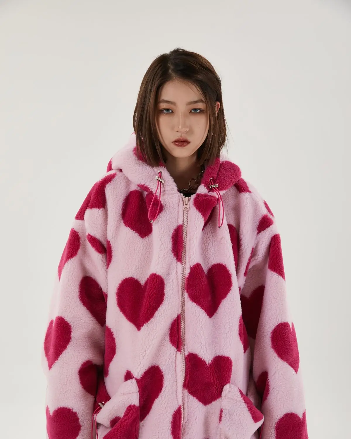 Student Hooded Cotton Women's Hearts Print Fur Jacket - true deals club