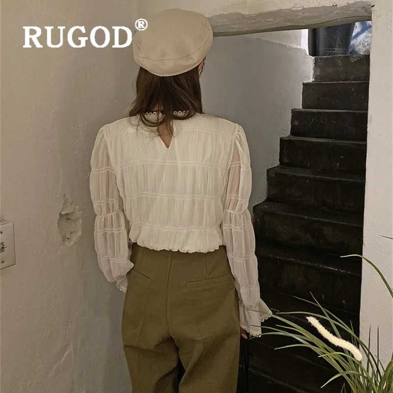 RUGOD Весенняя блузка с расклешенными рукавами женские блузки с длинным рукавом Элегантный сетчатый топ корейская модная одежда женские рубашки элегантная рубашка