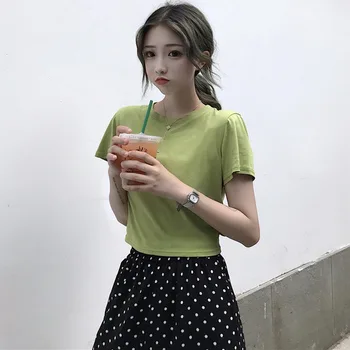 

Two Piece Set Women's Fashion O-Neck Solid Crop Top And Ankle-Length Dot Print Lace Up Bloomers Pants Set conjuntos de mujer.w