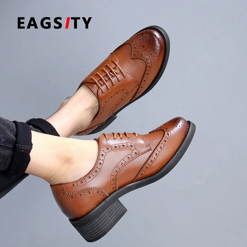 EAGSITY oxford zapatos de genuino mujer, calzado con cordones, Punta puntiaguda, informales, de vestir, de negocios, marrón|Zapatos planos de mujer| - AliExpress