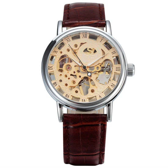 New Luxury Brand Gold Transparent Skeleton Watch Men Mechanical Hand Wind Wristwatch Male Fashion Leather Band Wristwatch - Цвет: SliverGold