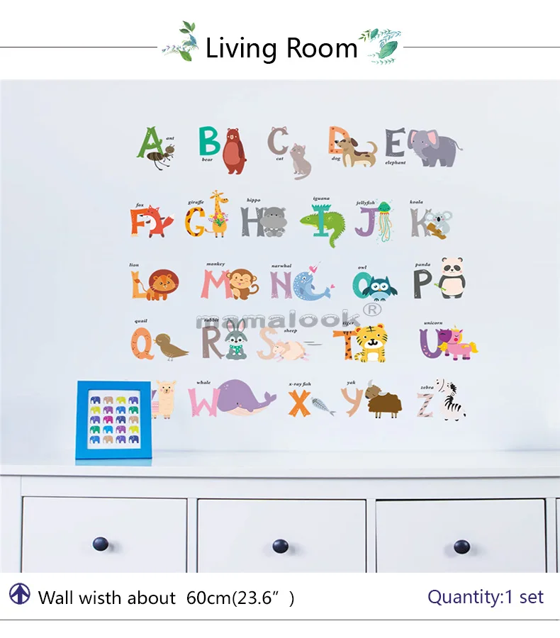 cartoon animals 26 ABC alphabet words Wall Stickers bedroom nursery home decor pvc wall decals diy mural art