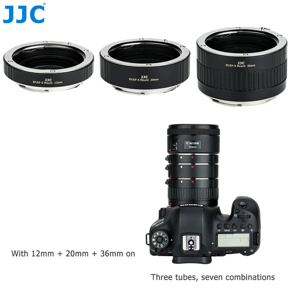 JJC 12 мм/20 мм/36 мм автоматическая удлинительная трубка с корпусной крышкой и задней крышкой объектива для Canon EF/EF-S Крепление подходит для макросъемки