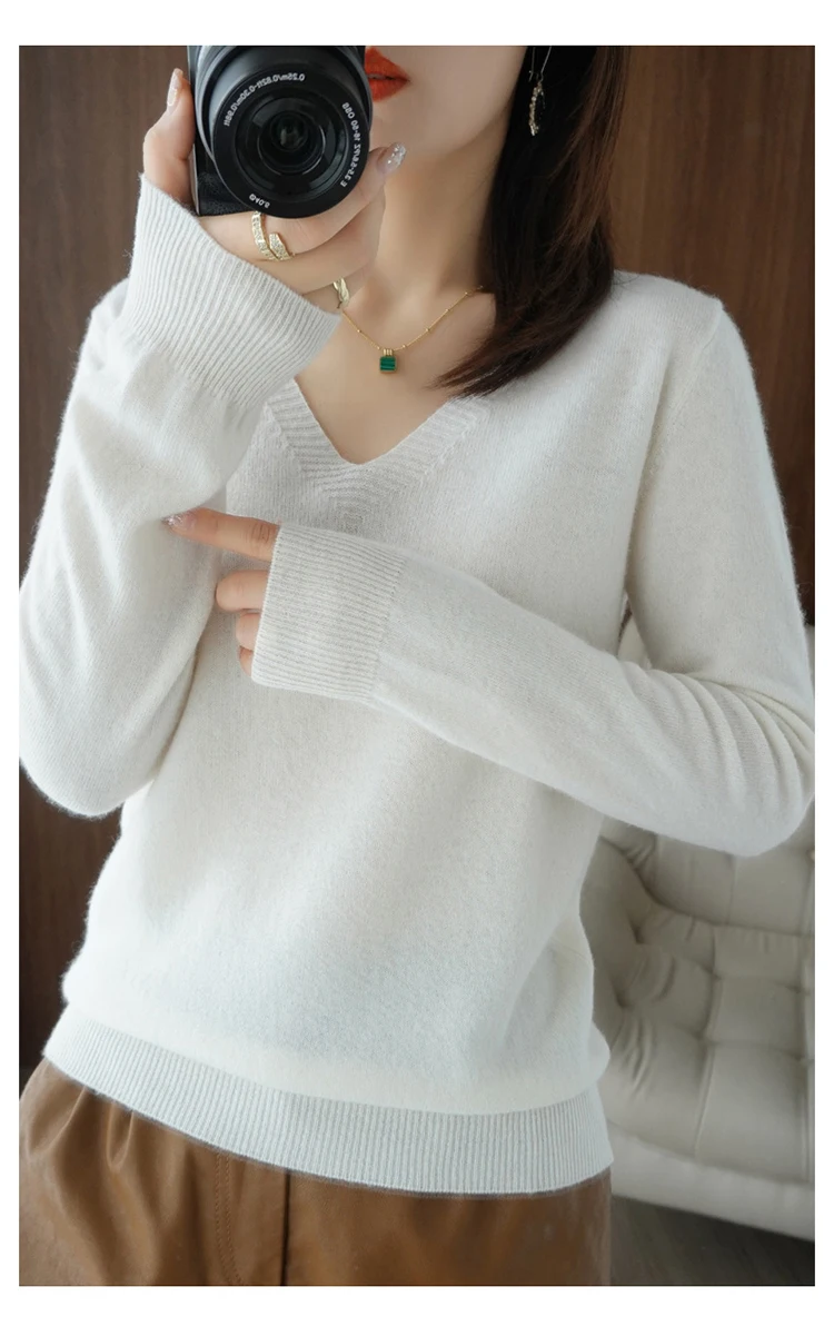 Autumn Winter New Cashmere Sweater Women Keep Warm V-neck Pullovers Knitting Sweater Fashion Korean Long Sleeve Loose Tops