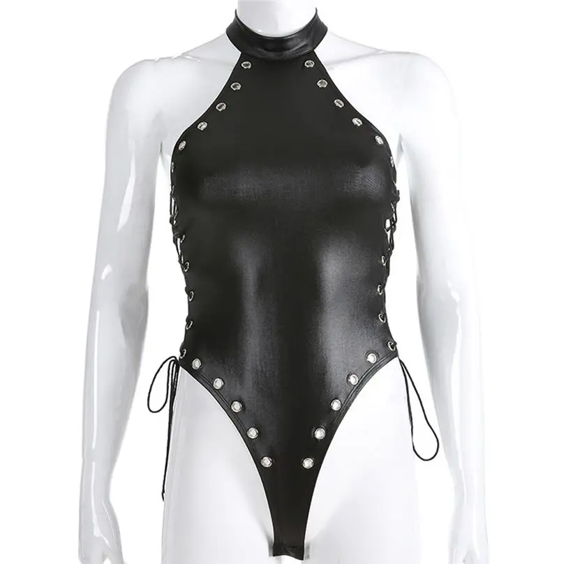 Новые Модные женские сексуальные заклепки цельные из лакированной кожи боди с открытой спиной Комбинезон Сексуальная укороченная Ночная сорочка снесуалье Беле 3Y29 - Цвет: Черный
