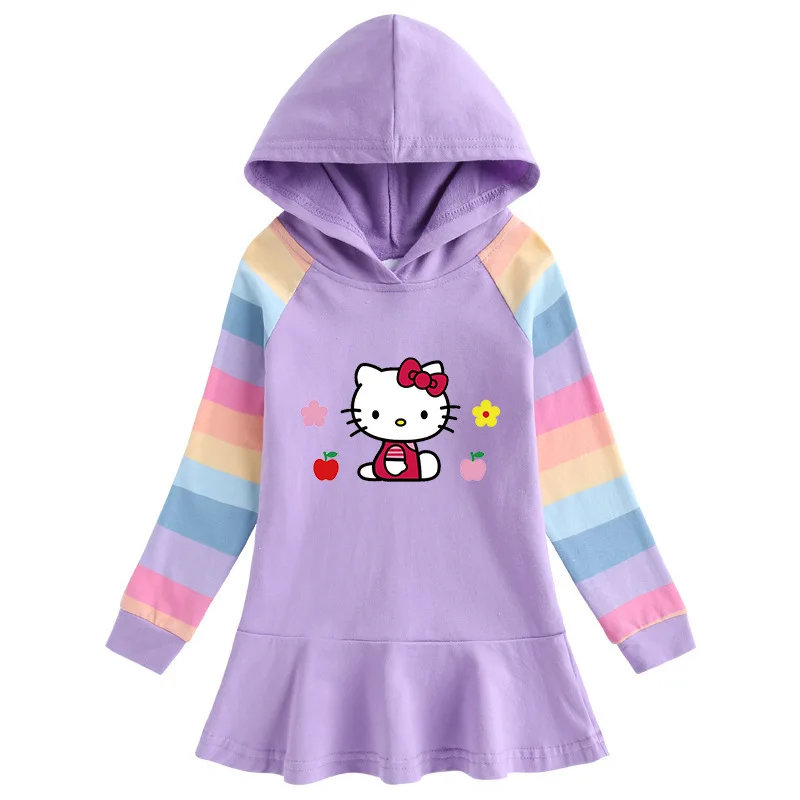 thumbnail image 1 of Hello Kitty-vestido con estampado de dibujos animados para niña, suéter con capucha de manga larga de arcoíris de algodón puro, falda de princesa dulce, primavera y otoño, 1 of 5