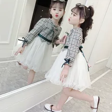 Детское весенне-осеннее свадебное платье для девочек модное милое кружевное платье в клетку для подростков, рождественское праздничное платье для детей 3-5-8-10 лет